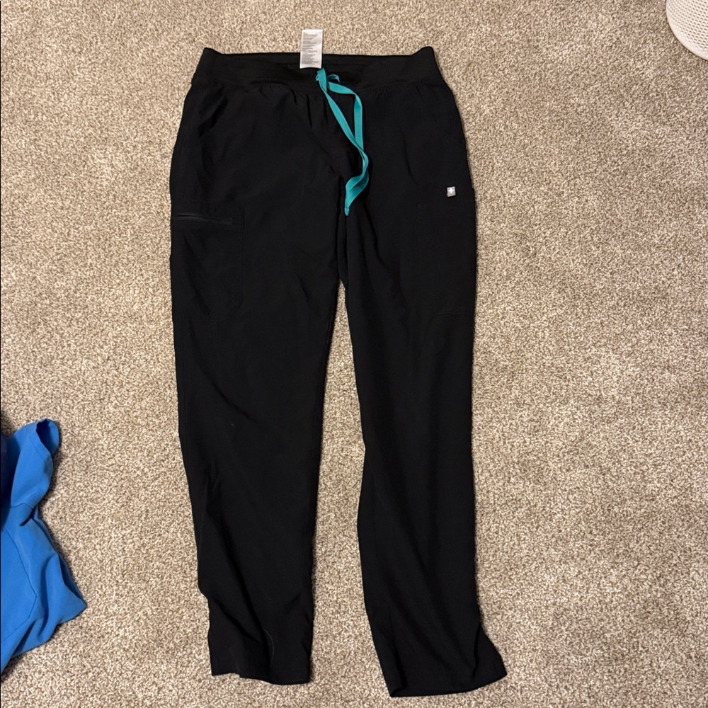 Figs Black Pants with Teal Drawstring